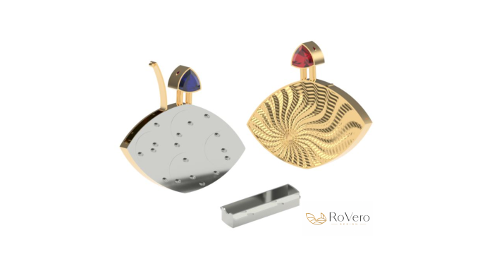 Zwei stilvolle Schmuckstücke aus Gold, eines mit blauem und das andere mit rotem Details.